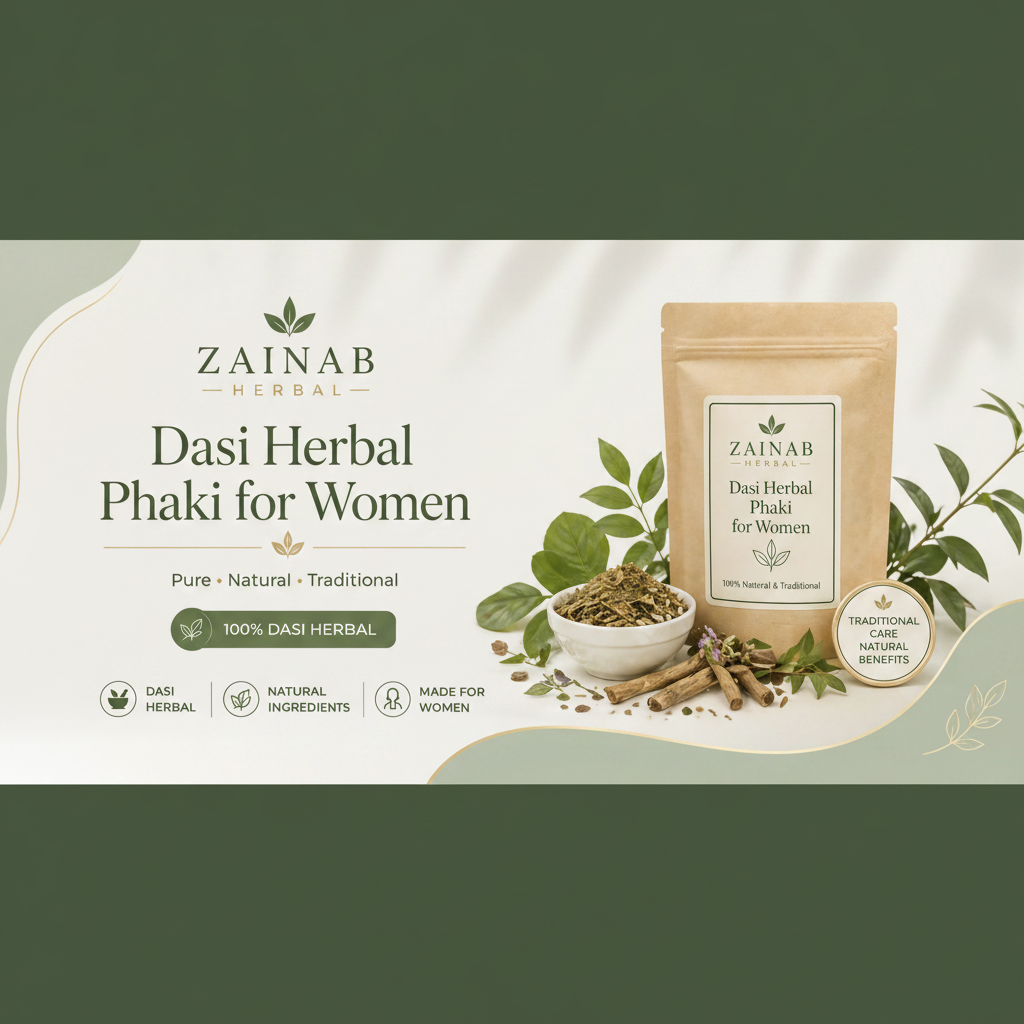 Zainab Herbal Dasi Herbal Phaki for Women packaging with herbs and a bowl on a light background